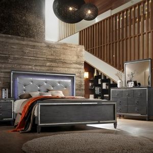 queen bed, dresser, mirror, nightstand